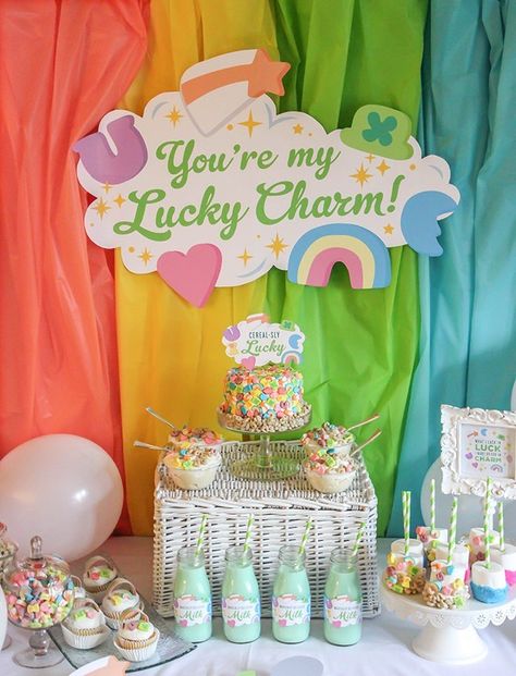 “You’re my Lucky Charm” St. Patrick’s Day Party Kids St Patrick's Day, Lucky One Sheet Cake, Cereal Party Decorations, March Birthday Party Ideas, Cereal Party, Lucky Charms Cake, Recruitment Ideas, Lucky Charms Cereal, Day Party Ideas