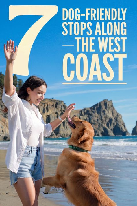 Woman playing with a golden retriever on a beach, promoting dog-friendly attractions on the West Coast. Dog Car Travel, Road Trip With Dog, Traveling With Dogs, Dog Friendly Vacation, Rv Resorts, Dog Friendly Beach, Dog Friendly Hotels, East Coast Road Trip, West Coast Road Trip