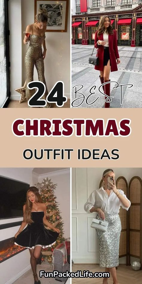 Image shows four different Christmas outfit ideas for women, featuring both glamorous and cozy styles. The text '24 Best Christmas Outfit Ideas' is prominently displayed. Outfits include a sparkling sequin jumpsuit, a chic red winter coat paired with a black dress, a classic velvet holiday dress, and a sequin pencil skirt with a white blouse. The theme emphasizes festive, elegant, and stylish choices for the Christmas season, ideal for parties and gatherings. Woman’s Christmas Party Outfit, Outfit For Xmas Party, Cute Holiday Party Outfits, Best Christmas Outfits For Women, Trendy Christmas Party Outfit, Rockstar Christmas Outfit, Holiday Outfits With Boots, Christmas Outfits 2024 Women, Christmas Party Pants Outfit