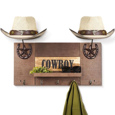 PRICES MAY VARY. Cowboy Hat and Coat Storage Solution—— Inspire by the combination of cowboy hat holder and coat rack with shelf, perfect for the cowboy hat lover, this rack provides the ideal spot to store your cowboy hat, coat, jacket, key, mail and more right by the door, solving the everyday hassle of finding a place for your hat, perfect for cabins, entrance, bedroom and closet Western Wall Decorative and Functional —— Measure with 25.6 x11.8x6.5 in after assembly. This cowboy hat hanger ma Cowboy Hat Display, Cowboy Hat Hanger, Cowboy Hat Holder, Buckle Display, Cowboy Hat Rack, Western Wall Decor, Entryway Closet, Christmas Country, Coat Storage