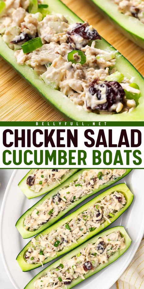 Cool, crunchy, and refreshing, these Chicken Salad Cucumber Boats are a fun and low-carb way to enjoy chicken salad. Serve for lunch, as a snack, or cut into smaller bites for a buffet table. Chicken Cucumber Wrap, Chicken Salad Cucumber Roll, Chicken And Cucumber Salad, Chicken Salad Presentation Ideas, Chicken Salad Charcuterie Board, Chicken Salad Cucumber Roll Ups, Cucumber Boats Recipes, Cucumber Chicken Salad, Keto Cucumber Salad