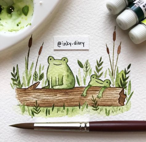 Frogs On A Log, Art Bio, Book Illustration Art, Gouache Art, Watercolor Paintings Easy, Frog Art, Watercolor Painting Techniques, 수채화 그림, Happy Paintings