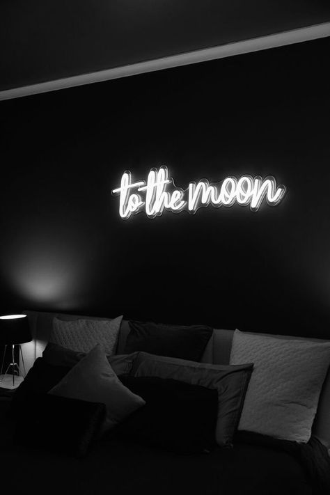 Neon Sign On Black Wall, Black Wall With Neon Sign, Aesthetic Neon Signs For Bedroom, Led Writing Lights, Neon Sign Over Bed, Diy Indie Room Decor, Ig Thoughts, Diy Christmas Room, Bedroom Wall Units