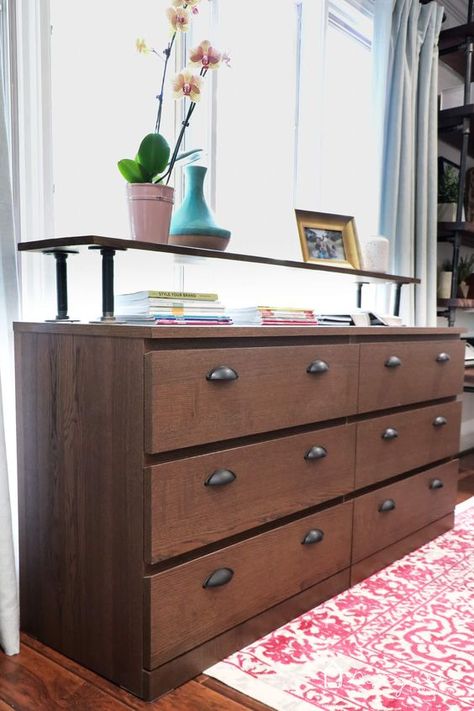 an IKEA Malm hack with dark stain, vintage handles and an additional raised countertop Industrial Dresser, Malm Hack, Ikea Dresser Hack, Painting Ikea Furniture, Ikea Malm Dresser, Malm Dresser, Hack Ikea, Ikea Dresser, Ikea Bedroom