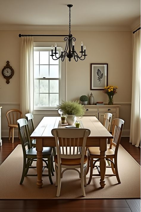 Rustic dining space with off-white walls and mismatched chairs Painted Dining Room, Beige Dining Room, Country Style Dining Room, Farmhouse Style Dining Room, Dining Room Paint Colors, Setting The Mood, Dark Wood Table, Paint Trends, Off White Walls