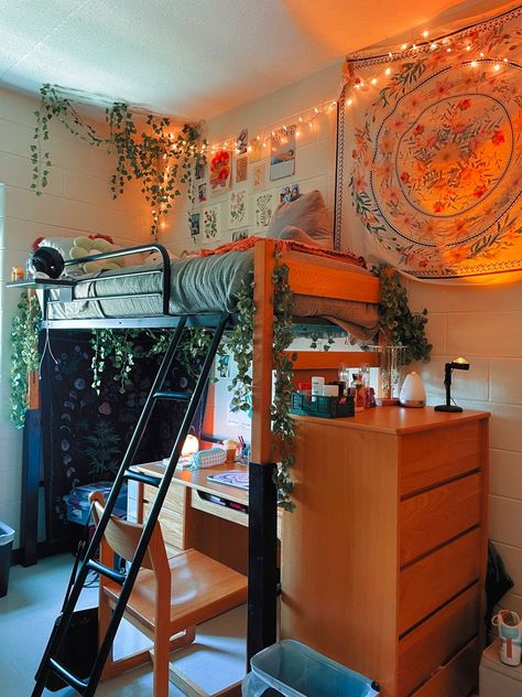 Top Bunk Bed Ideas Dorm Room, Dorm Room High Bed Ideas, Lofted Bed With Desk Underneath Dorm, Lofted Bed Small Room, Rug For Dorm Room, Dorm Bed Lofting Ideas, Loftable Bed College Dorms, Small Dorm Layout, Cute Dorm Room Ideas Lofted Beds