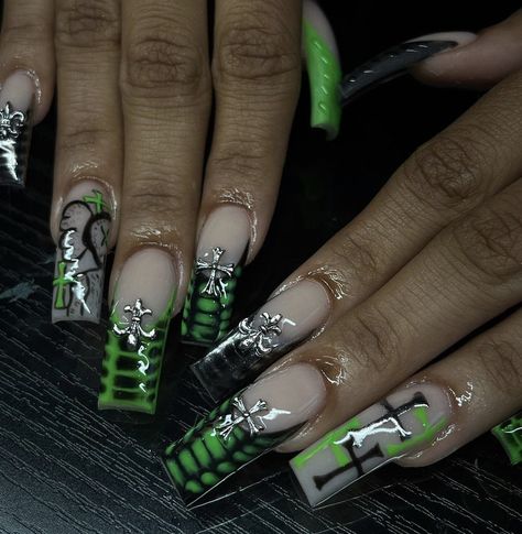 chrome hearts nails , chrome hearts nail designs , chrome hearts nails short , chrome hearts nails men , chrome hearts nails long , chrome hearts french tip Dark Green Nails Y2k, Green N Black Nails, Yk2 Nails Aesthetic, Grunge Y2k Nails, Cybergoth Nails, Nail Ideas Y2k, Chrome Hearts Nails, Chrome Heart Nails, Hearts Nails