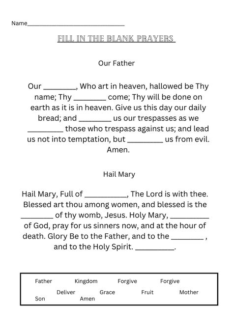 Prayer Worksheets For Kids, Our Father Prayer For Kids, Hail Mary Prayer For Kids Free Printable, Fathers Day Fill In The Blank Printable, Our Father Prayer Catholic, Catholic Kids Activities, Hail Mary Prayer, Our Father Prayer, Kids Homework