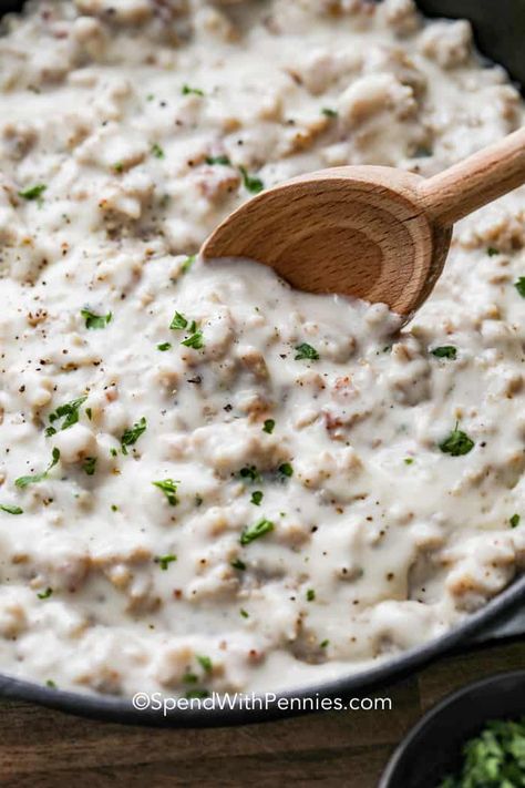 I absolutely love making this homemade sausage gravy to create a simple biscuits and gravy recipe when I am craving southern comfort food! #spendwithpennies #gravy #sausage #sausagegravy #whitegravy #biscuitsandgravy #homemadesausagegravy #easygravy #easysausagegravy How To Make Sausage Gravy, Easy Homemade Sausage Gravy, Simple Sausage Gravy, Homade Sausage Gravy, Sausage Gravy With Evaporated Milk, Best Sausage Gravy Recipe, Salsa Gravy, Easy Sausage Gravy, Homemade Sausage Gravy