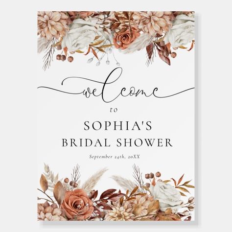 Modern Boho Autumn Floral Bridal Shower Welcome  Foam Board  Zazzle Fall In Love Bridal Shower, Wedding Shower Signs, Boho Autumn, Modern Lettering, Bridal Shower Welcome Sign, Boho Theme, Welcome Poster, Bridal Shower Signs, Boho Fall