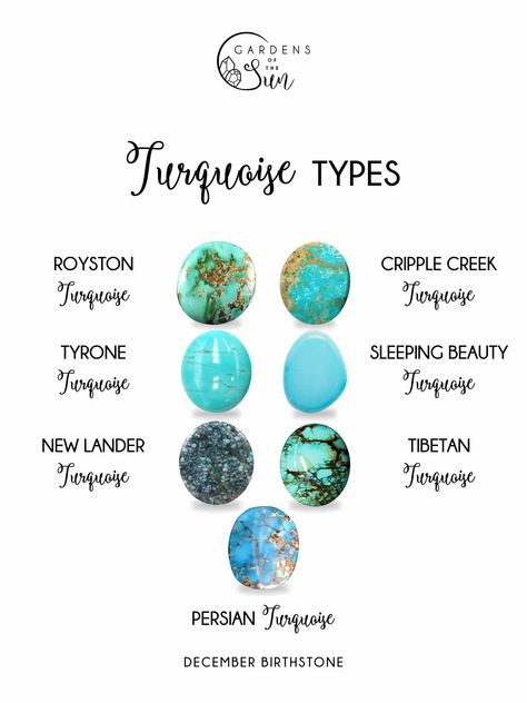 Turquoise stone types | Custom made turquoise jewelry set | The origin of turquoise can be identified by the patterns on each stone, which is why turquoise names are often directly linked to the name of the mining location. Turquoise is often assessed by its webbing patterns and textures, which is the dark brown to black matrix around the blue areas. #gardensofthesun #birthstone #decemberbirthstone Earrings Turquoise, Turquoise Crystals, Turquoise Gemstone Meaning, Types Of Turquoise, Stone Types, Turquoise Gem, Blue Turquoise, Set Jewelry, Turquoise Meaning