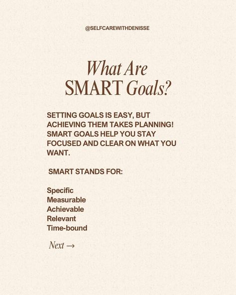 If you want to set yourself up for long-term success, start by setting SMART goals! SMART stands for: S - Specific: Get crystal clear about what you want to achieve. M - Measurable: Set goals you can track and measure progress. A - Achievable: Be realistic with your goals so they challenge you without overwhelming. R - Relevant: Ensure your goals align with your long-term vision and values. T - Time-bound: Set deadlines to stay on track and accountable. Whether it’s in your personal l... Long Term Goals Ideas, Goals Ideas, Smart Goal Setting, Long Term Goals, Mindfulness Exercises, Smart Goals, Stay On Track, Relaxation Techniques, Set Goals