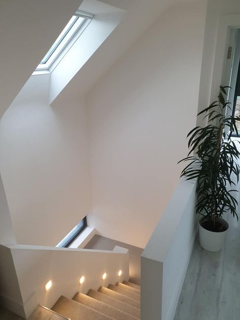 A low white wall on our half and half split stairs, together with white led spot lights #stairs #wallbanister #stairbanister #stairwall #stairlights #stairinspo Lights On Stairs, Split Stairs, Lights Stairs, Led Spot Lights, Stair Banister, Stair Lights, Stair Wall, Loft Ideas, London Townhouse