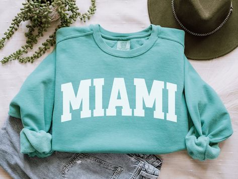 Miami Varsity Style Comfort Colors Crewneck, Vintage Feel Miami Sweatshirt, Simple Florida Gameday Pullover Miami Sweatshirt, National Park Shirt, Crewneck Vintage, Dyed Sweatshirt, Comfort Colors Tshirt, Varsity Style, Comfort Colors Sweatshirt, Comfort Colors Tee, Heavy Fabric