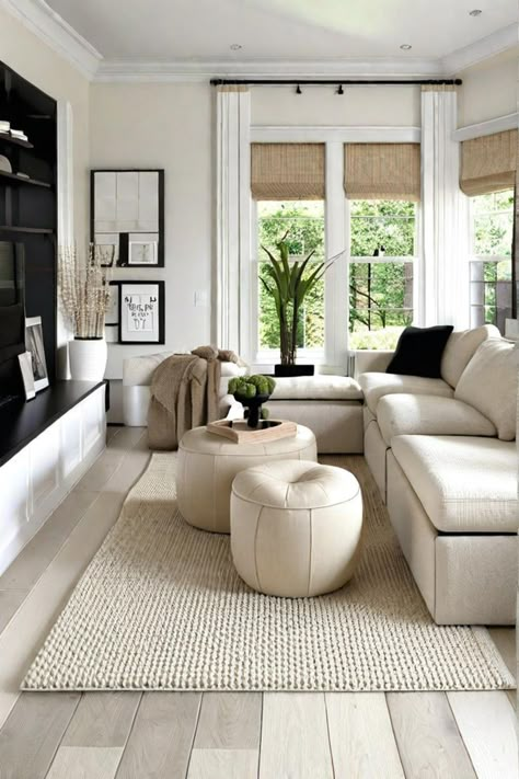 Lounge Color Schemes, Black Wood White Living Room, Black And Ivory Living Room, Cream Black Living Room, Black White Beige Living Room, Black Cream Living Room, Living Room Inspiration White, Cream And Black Living Room, Black And Neutral Living Room