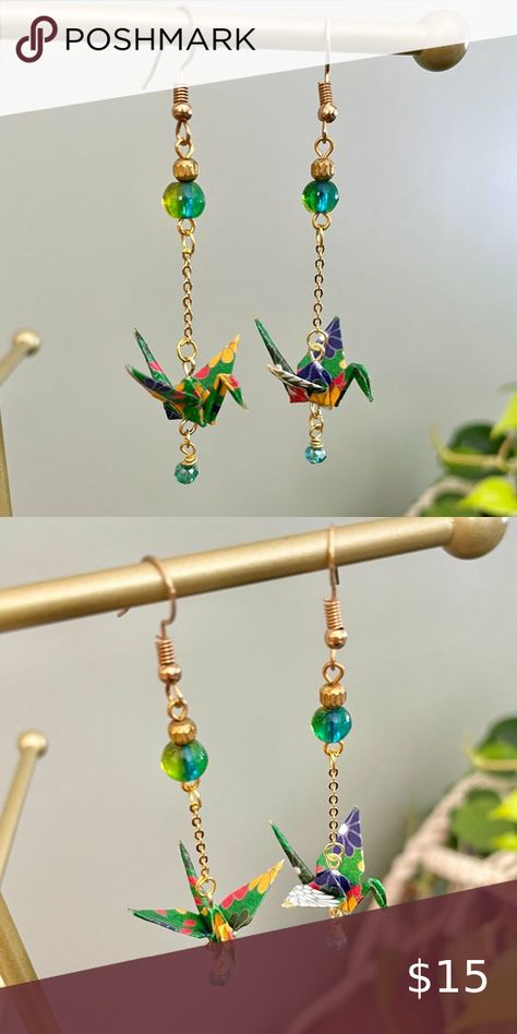 Origami Crane Earrings Crane Earrings, Origami Earrings, Origami Cranes, Origami Jewelry, How To Make Origami, Two Cats, Origami Crane, Beads Charms, Hand Crafted Jewelry