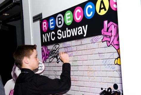 NYC Party Theme Sign-in Board, New York Subway Graffiti Wall {Bat Mitzvah Planner: Perfect Party Orlando, Jennifer Werneth Photography} - mazelmoments.com Subway Graffiti, New York Theme Party, Graffiti Party, Nyc Party, Bat Mitzvah Themes, New York Party, New York Theme, Mitzvah Themes, Bat Mitzvah Party