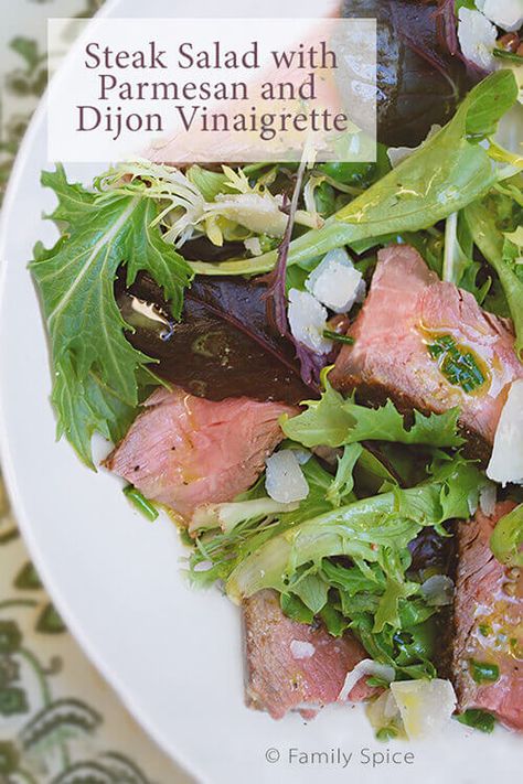 Steak Salad with Parmesan and Dijon Vinaigrette by FamilySpice.com Steak And Arugula, Beet And Goat Cheese, Leftover Steak, Steak Rubs, Protein Salad, Dijon Vinaigrette, Salad With Lemon, Fresh Beets, Pickled Radishes