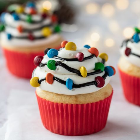 Christmas Light Cupcakes Christmas Lights Cupcakes, Christmas Light Cupcakes, Pillsbury Cupcakes, Christmas Cupcakes Ideas, Light Cupcakes, Stranger Things Birthday Party, Easy Christmas Cupcakes, Coffee Cake Cookies, Dark Chocolate Frosting