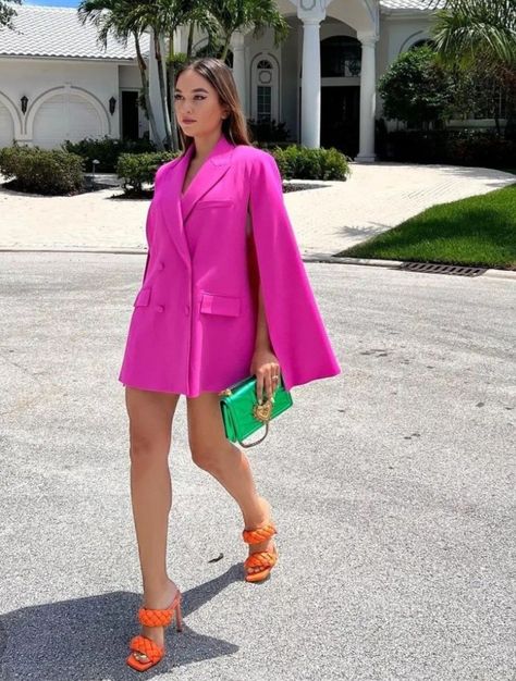 Hot Pink Dress Orange Heels, Hairstyles For Blazer Dress, Orange Dress Pink Heels, Orange Shoes Outfit Summer, Orange Shoes Outfit Ideas, Hot Pink Orange Outfit, Bright Pink Shoes Outfit, Hot Pink Blazer Dress Outfit, Hot Pink And Green Outfit