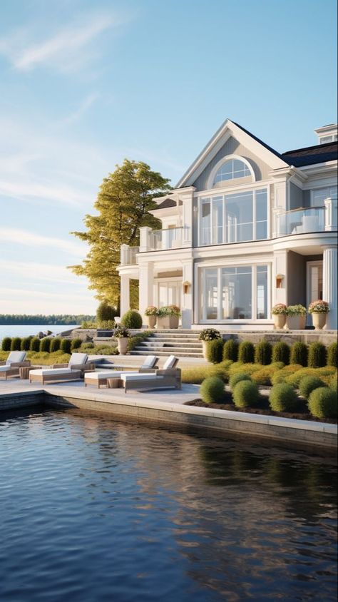 Coastal House Exterior, Coastal Mansion, Coastal Home Design, Beach House Luxury, Coastal Home Exterior, Bloxburg Hacks, Ocean Front Homes, Lake Houses Exterior, Terrace Ideas