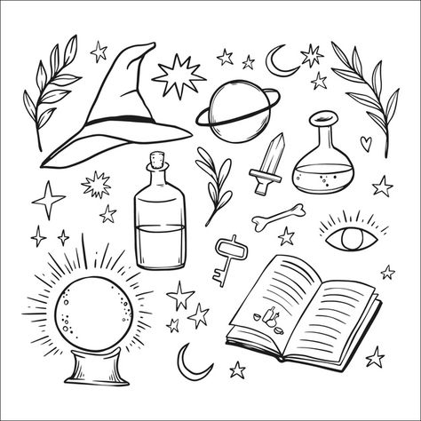 Esoteric mystical elements | Free Vector #Freepik #freevector Easy Witchy Doodles, Witch Doodles Easy, Spiritual Doodles Art Journaling, Mystical Doodles, Witchy Things To Draw, Simple Witch Drawing, Witchy Drawings Art, Witchy Doodles Simple, Easy Witchy Drawings