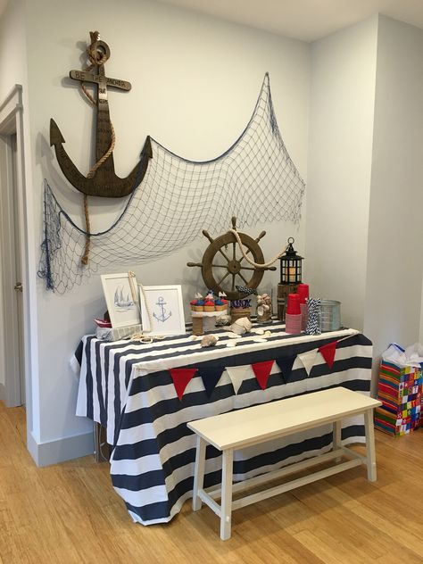 Ship Party Decorations, Navy Themed Birthday Party, Sailboat Birthday Party, Lighthouse Theme Party, Sailor Theme Party, Boat Theme Party, Lighthouse Party Theme, Captain Theme Birthday Party, Sailor Party Decorations