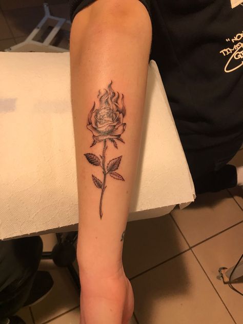 Fire rose tattoo men Fire Tattoo Men, Rose On Fire Tattoo, Fire Rose Tattoo, Rose Tattoo Men, Rose On Fire, Rose Tat, Fire Rose, Tatted Men, Rose Tattoos For Men