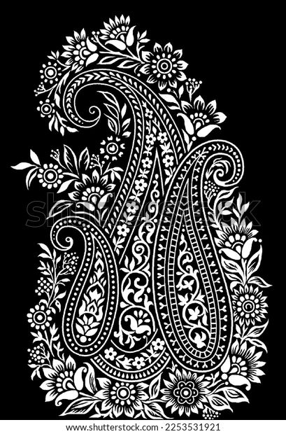 Paisley Black And White, Paisley Block Print, Paisley Pattern Drawing, Traditional Motifs Design, Black And White Motifs, Paisley Drawing, Pakistani Art, Paisley Print Design, Monochromatic Art