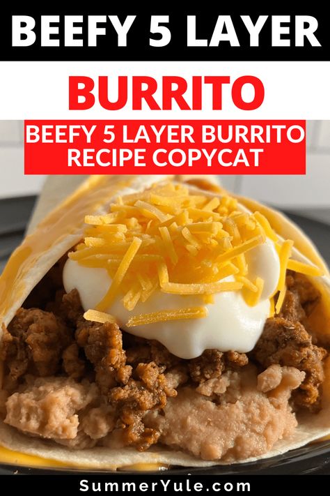 This beefy 5 layer burrito recipe is a copycat of the fast food favorite from the Taco Bell menu. Learn to make a beefy five layer burrito Taco Bell copycat at home, and get calories, nutrition, price info and more. The original Taco Bell 5 layer burrito is so good, but the homemade version is even more delicious. Try this copycat Taco Bell burrito for yourself and see why! 5 Layer Burrito Taco Bells, 5 Layer Burrito Recipe, Beefy 5 Layer Burrito, 5 Layer Burrito, Taco Bell Burrito, Taco Bell Menu, Taco Bell Copycat, Recipe Copycat, Taco Bell Recipes