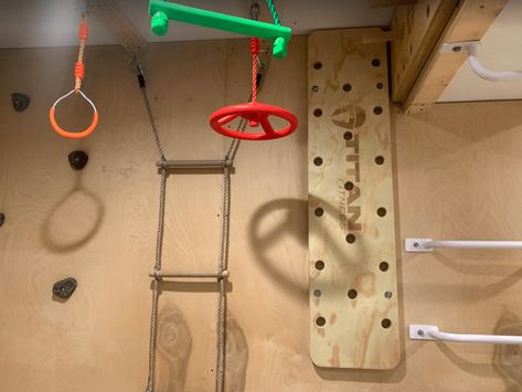 Our Ninja Warrior Basement Ninja Warrior Gym, Ninja Theme, Indoor Jungle Gym, Ninja Warrior Course, Boys Playroom, Support Beam, Kids Indoor Playground, Kids Basement, Playroom Design