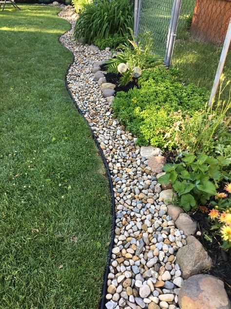 Lawn Rock Border, Rock Garden Border, River Rocks Landscaping Edging, Garden Pebbles Border, Stones With Grass In Between, Natural Stone Garden Border, River Rock Landscaping Edging Garden Borders, Backyard Landscaping Grass And Rock, Raised Garden Beds Stone Rock Border