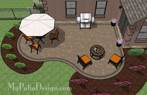 Our Cozy and Curvy Paver Patio Design is colorful, fun and relaxing with areas to dine outdoors and enjoy a night roasting marshmallows. Downloadable Plan. Patio Plan, Curved Patio, Patio Plans, Patio Layout, Patio Pavers Design, Concrete Patios, Restaurant Patio, Patio Projects, Pergola Design