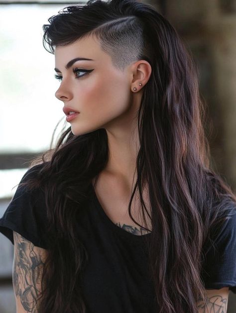 Edgy Long Hair with Shaved Sides: Bold Hairstyle Ideas Bangs With Shaved Sides Long Hair, Cara Delevingne Shaved Head, Long Side Shaved Hairstyles, Female Mohawk Shaved Sides Long Hair, Long Hair Edgy Hairstyles, Sith Hairstyle, Half Shaved Head Women, Cool Hair Styles For Long Hair, Side Shave Hairstyles