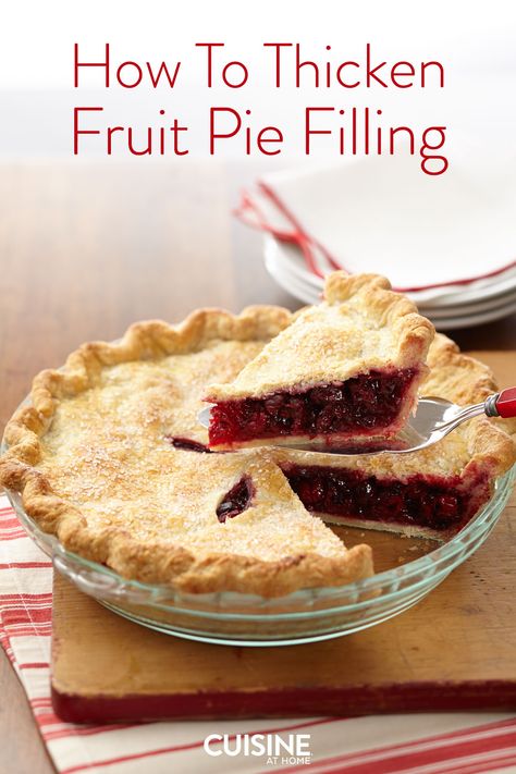 What’s the best way to thicken fruit pie filling? Learn about ingredients that can help your fruit pie slices hold together beautifully." #food #cuisineathome #cookingtips #cookinghacks #kitchentips #kitchenhacks Easy Fruit Pie, Marionberry Pie, Fruit Pie Recipe, Pie Fillings, Fruit Pie Filling, Canning Cherry Pie Filling, Strawberry Pie Filling, Pie Filling Recipes, Canned Cherries