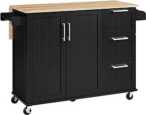 Yaheetech Kitchen Island Cart with Drop-Leaf Countertop, Rolling Kitchen Island Breakfast Bar Table on Wheels with Storage Cabinet & 3 Drawers & Spice Rack for Dinning Room, 53 Inch Width, Black Kitchen Island Breakfast Bar, Rolling Island, Island Breakfast Bar, Drawer Spice Rack, Breakfast Bar Table, Table On Wheels, Kitchen Island Trolley, Kitchen Island On Wheels, Island Cart