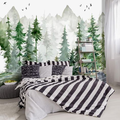 PRICES MAY VARY. 💕wallpaper size : 160"x108" divided into 22.83"x108"x7 sections 💕This nursery forest wallpaper material is fabric, not easily damaged and easy to clean. 💕Suitable for baby's bedroom, nursery, dolls' house, living room, bathroom and more. ⚠️Please note: this product is not self-adhesive, nor wallpaper paste, does not contain installation tools, you need to buy their own tools and heavy wallpaper adhesive, otherwise it can not be used, if you do not accept, please be careful to Wallpaper For Boys, Forest Room, Green Cartoon, Large Wall Murals, Woodland Plants, Wallpaper Kids, Forest Nursery, Nursery Fabric, How To Install Wallpaper