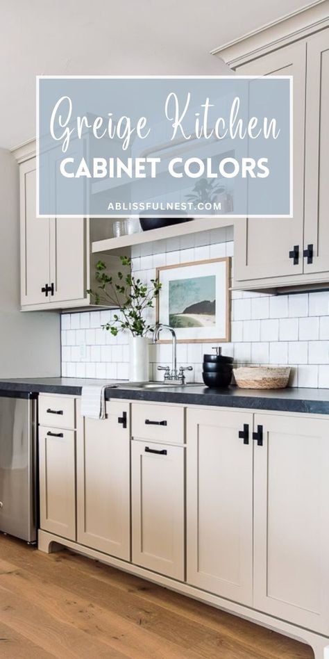 Considering a kitchen remodel? Explore the beauty of greige kitchen cabinet colors and discover their ability to transform your space. This versatile hue pairs beautifully with both warm and cool tones, making it easy to create a cohesive and inviting atmosphere. Add pops of color with accessories or let the greige cabinets shine as the star of the show. #kitcheninspiration #renovation #neutralpalette Kitchen Color With White Cabinets, Natural Creme Benjamin Moore Cabinets, Greige Cabinets Dark Countertops, Eggshell White Kitchen Cabinets, Sherwin Williams Perfect Greige Cabinets, Egg Shell Cabinets Kitchen, Milk Paint Cabinets Kitchens, Greige Paint Colors Kitchen, Agreeable Grey Cabinets