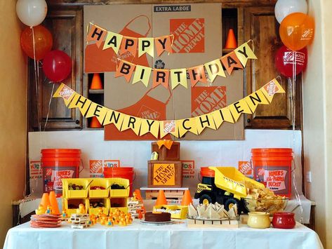 Henry’s 1 year old The Home Depot birthday party!! | CatchMyParty.com Home Depot Party Ideas, Home Depot Party Theme, Home Depot Birthday Party Ideas, Home Depot Themed Birthday Party, Home Depot Birthday Party, Home Depot Party, Digger Party, Transportation Birthday Party, Lincoln Birthday