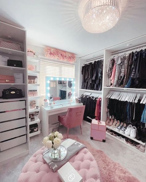 Pink Footstool, Designer Closets, Bedroom Turned Closet, First Home Purchase, Dream Closet Design, Luxury Room Bedroom, Home Purchase, Beauty Room Decor, Cute Diy Room Decor