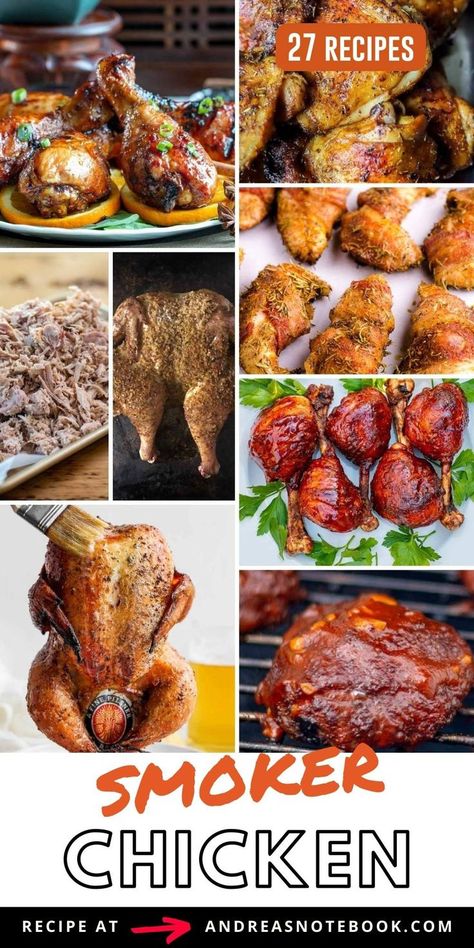 collage of smoked chicken recipes. Chicken Smoker Recipes, Smoker Chicken Recipes, Smoked Shredded Chicken, Whole Smoked Chicken, Smoker Chicken, Smoked Chicken Thighs, Pulled Chicken Recipes, Smoked Whole Chicken, Grilled Dinner Recipes