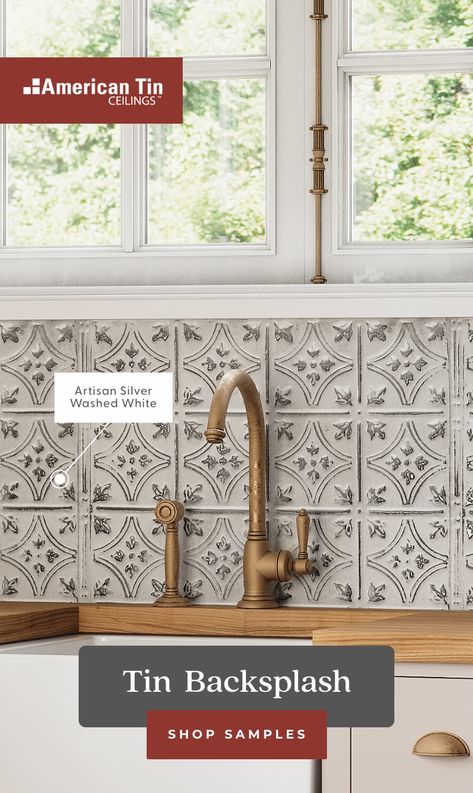 Elevate farmhouse kitchen design with tin tiles Rustic Kitchen Tile Backsplash, Painted Tin Backsplash Kitchen, Vintage Tile Kitchen Backsplash, Modern Rustic Kitchen Design Ideas, Tin Backsplash Kitchen Farmhouse, Kitchen With Tin Backsplash, Farmhouse Kitchen Ceiling Ideas, Vintage Backsplash Kitchen, Tin Tile Backsplash Kitchen