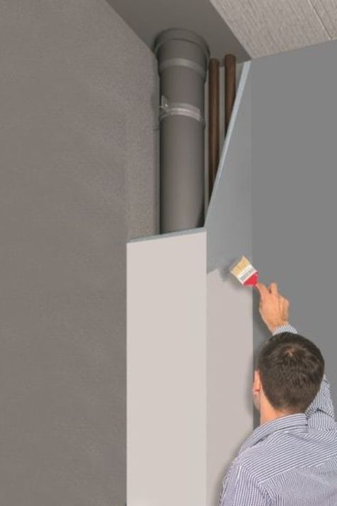 How To Hide Basement Plumbing, Hiding Hvac In Laundry Room, How To Hide Uneven Walls, Hiding Pipes On Wall, Hide Pipes On Wall Cover Up, Pipe Hiding Ideas, How To Hide Dryer Vent Hose, How To Hide Ac Pipes In Room, Hide Dryer Vent Hose