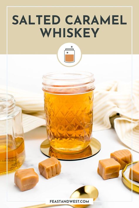 This easy Homemade Salted Caramel Whiskey recipe will be a great addition to your home bar or a sweet gift for a fellow cocktail lover. Caramel Whiskey Drinks, Salted Caramel Whiskey Drinks, Caramel Whiskey Drink Recipes, Salted Caramel Whiskey Drink Recipes, Salted Caramel Drinks, Salted Caramel Whiskey, Marshmallow Vodka, Espresso Vodka, Peppermint Vodka