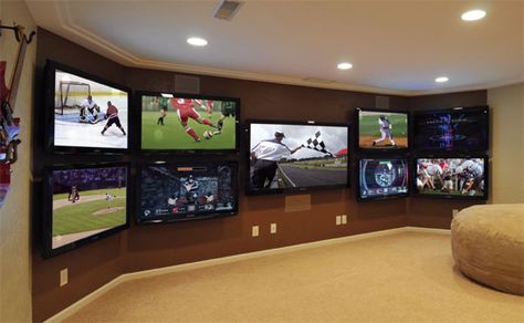 Here's a tv setup for watching sports Man Cave Tv Wall, Basement Kitchenette, Tampa Homes, Ultimate Man Cave, Man Cave Room, Man Cave Basement, Man Cave Home Bar, Man Cave Wall, Home Theater Rooms