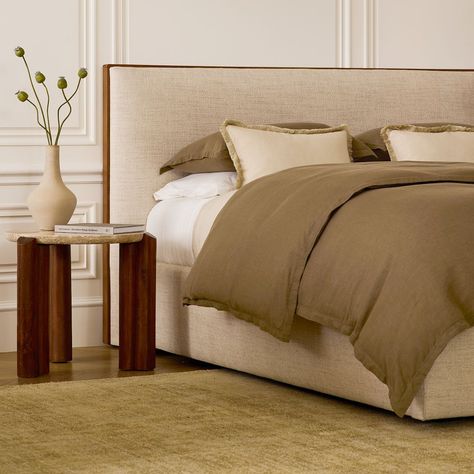 Schaefer Wood Trim Low Profile Bed Cb2 Bedroom, Wood And Upholstered Bed, Lake House Bedroom, West Elm Bedding, Low Profile Bed, Modern Bed Frame, Linen Duvet Cover, Bedroom Items, Wood Headboard