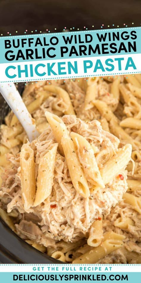 This pasta with chicken went viral on TikTok for a reason! Thanks to a Buffalo Wild Wings parmesan garlic sauce, this simple pasta recipe is creamy, cheesy, and full of bold flavor. Easy to dump and go in the slow cooker, it's also a perfect weeknight dinner for family! Crock Pot Garlic Parmesan Chicken, Crockpot Garlic Parmesan Chicken Pasta, Crockpot Garlic Parmesan Chicken, Wings Garlic Parmesan, Garlic Parmesan Chicken Pasta, Parmesan Chicken Pasta, Crockpot Chicken Parmesan, Garlic Chicken Pasta, Garlic Parmesan Pasta