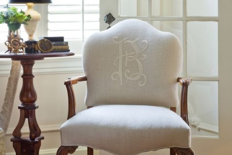 Monogram Mania: Put Your Mark on Your Decor Monogram Chair, Beautiful Chair, Take A Seat, Sofas And Chairs, Traditional House, A Table, Home Furnishings, Family Room, Shabby Chic