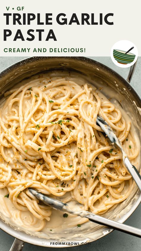 This Triple Garlic Pasta is a garlic lover’s dream. With roasted and fresh garlic in the pasta sauce and served with garlic-infused breadcrumbs on top, this dish is rich, creamy, and delicious. Vegan, Gluten-Free Option. Pasta With Roasted Tomatoes, Vegan Pesto Sauce, Garlic Pasta Recipe, Comfort Pasta, Garlic Noodles, Vegan Pasta Recipes, Garlic Pasta, Gluten Free Pasta, Creamy Pasta