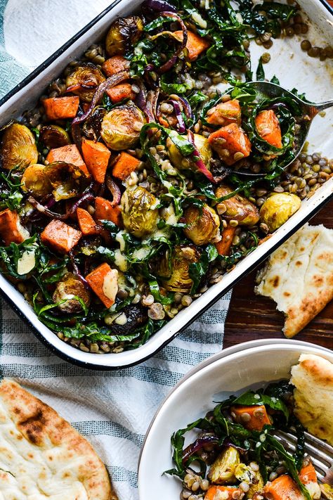 Warm Winter Salad, Warm Kale Salad, Warm Salad Recipes, Lentil Salad Recipes, Salad For Dinner, French Green Lentils, Roasted Sprouts, Warm Salad, Fall Vegetables